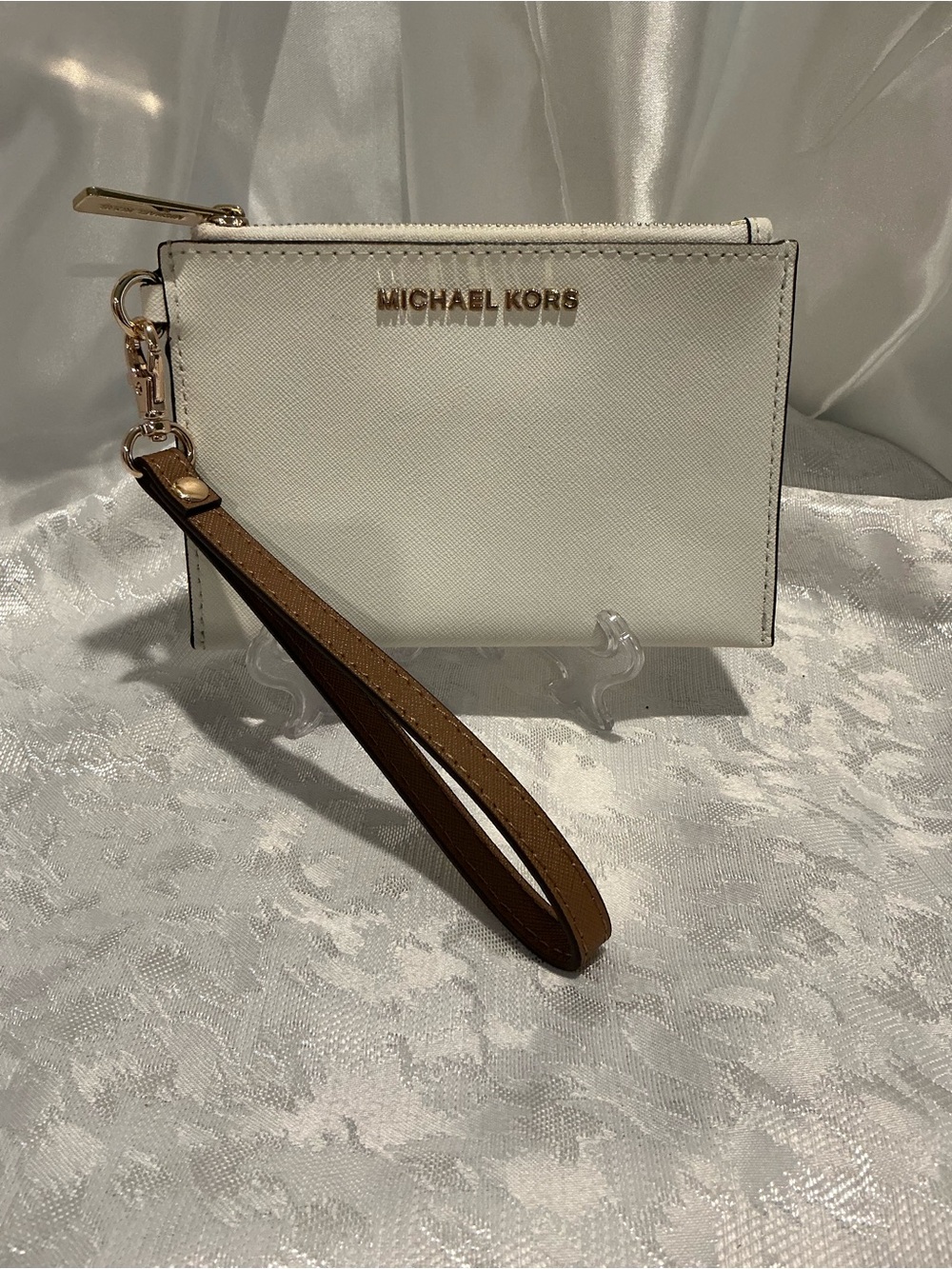 Michael Kors White Leather Wristlet with Brown Strap and Gold Hardware